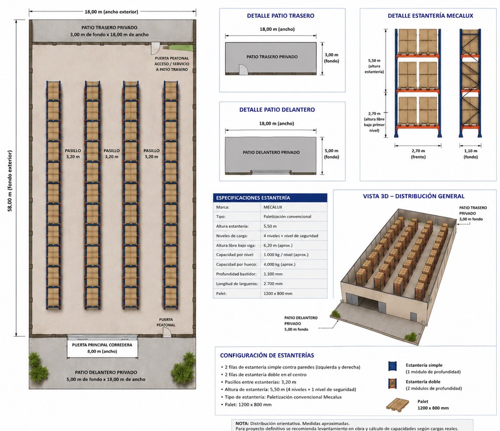 Plano orientativo de distribución y capacidad de estanterías Mecalux